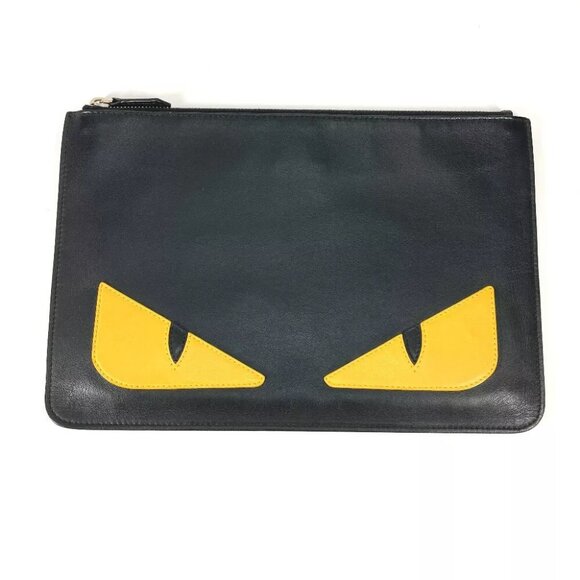 FENDI 7N0078 monster pouch bag Clutch bag Leather Black/yellow - Picture 1 of 15